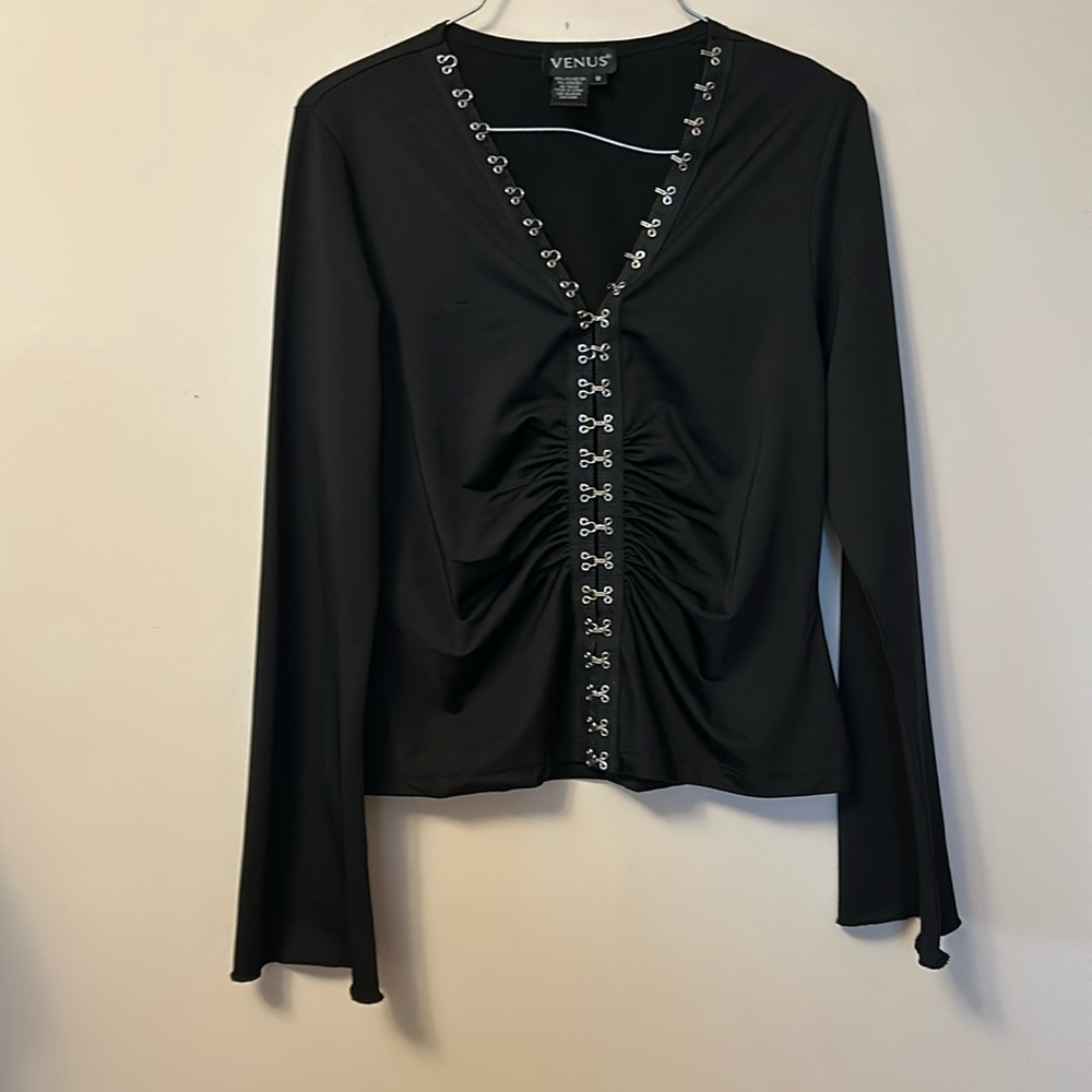 Venus black stretchy blouse with hooks gathered front Vneck flare sleeves size M
